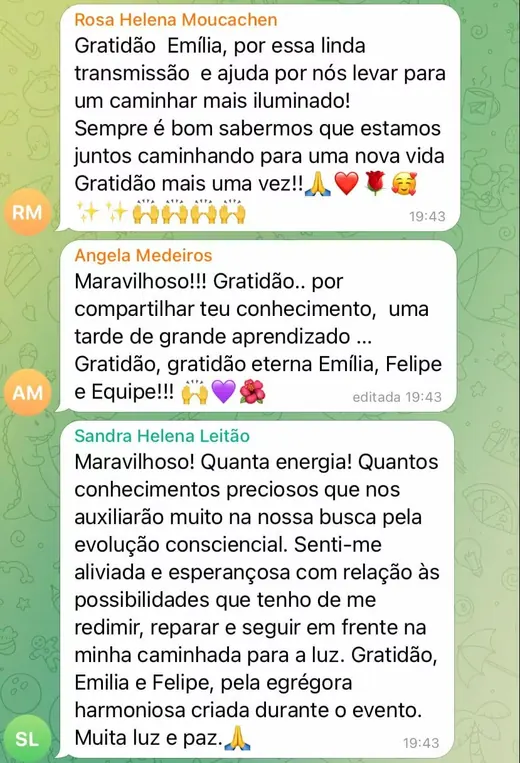 Mensagens de alunas sobre o encontro ao vivo