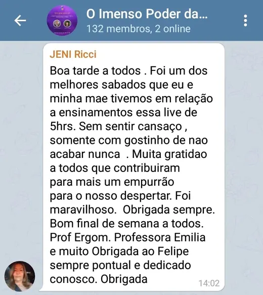 Mensagem de Jeni no grupo do Telegram